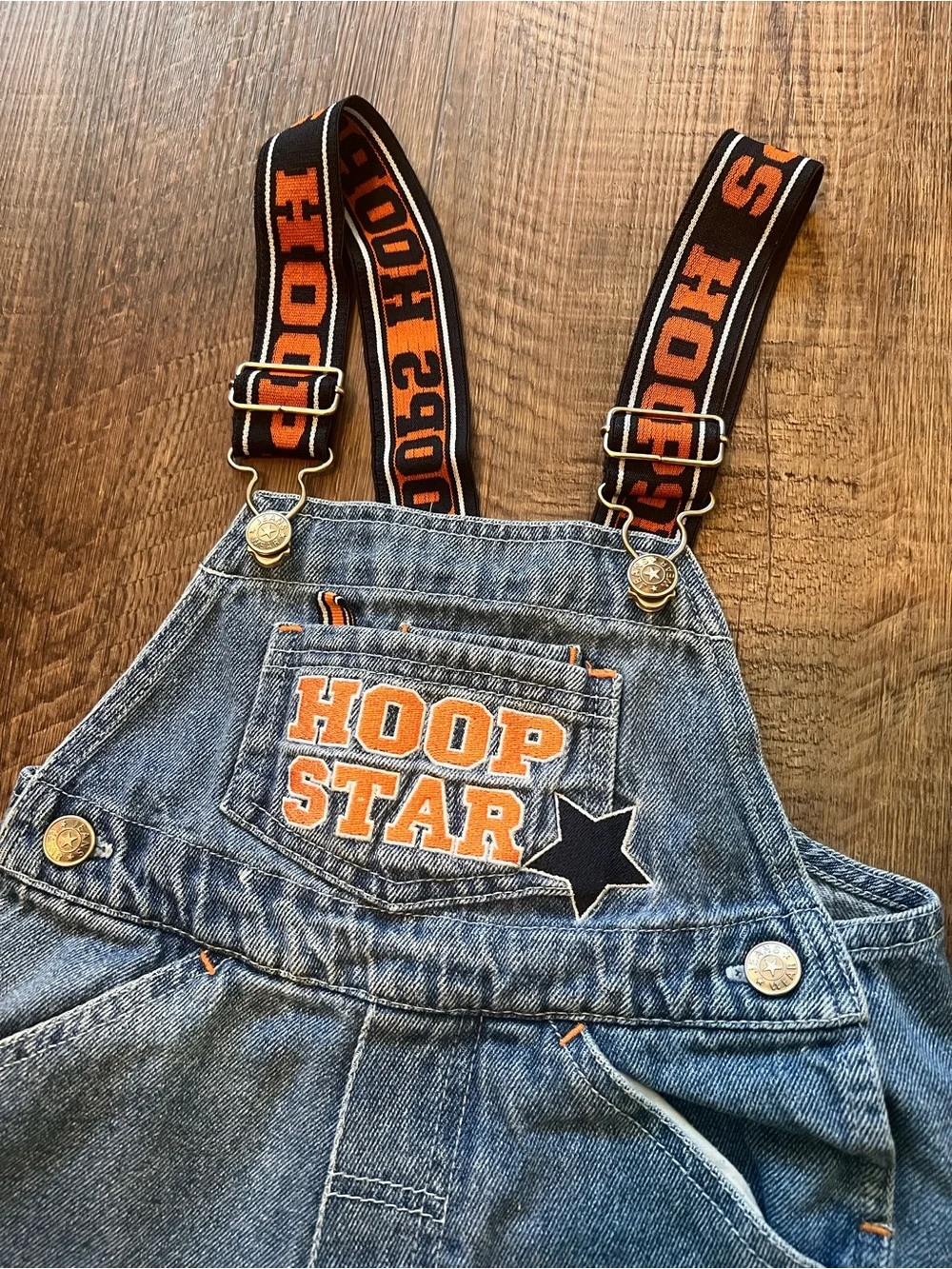 Vintage Hoop Star Kids Denim Overalls - Blue with Orange Accents